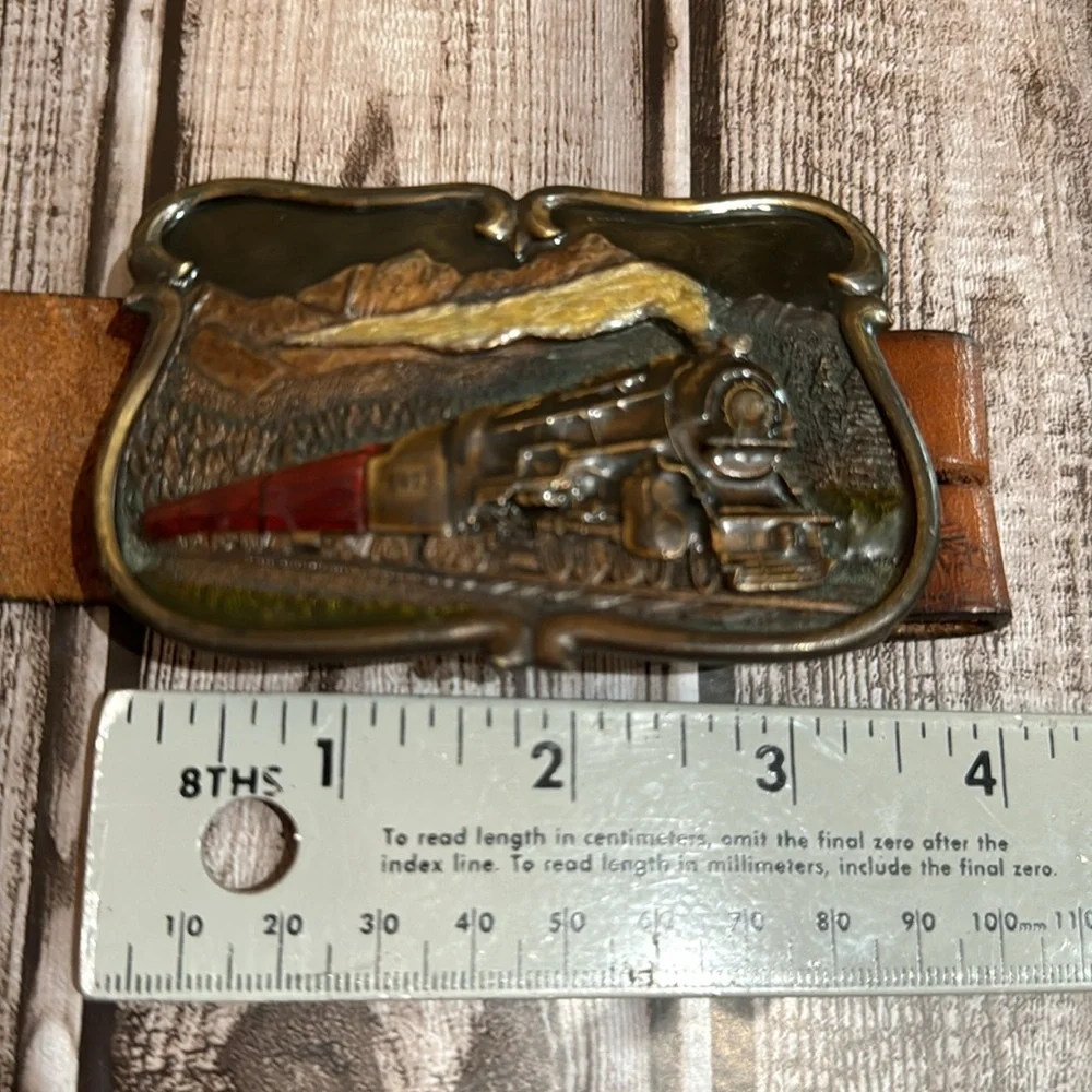 Bergamot Locomotive Vtg Brass Buckle Railfan Leather Tooled Belt 38-42 Unisex
